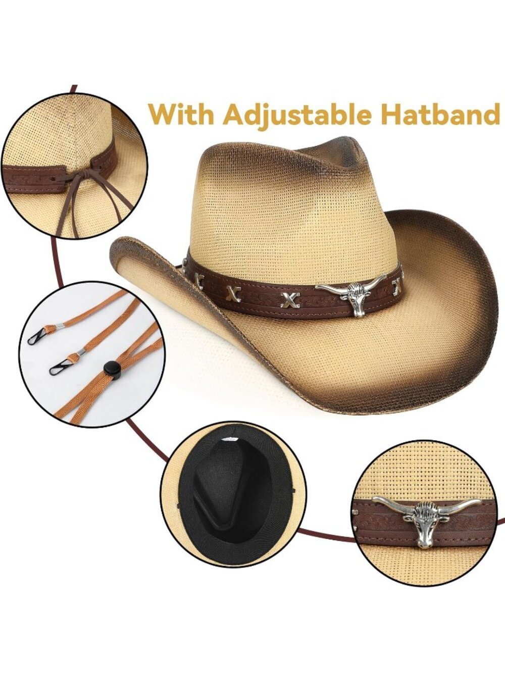 Women Biege Coffee Cowgirl Western Straw Wide with Shapeable Brim Cowboy Hat - Picture 3 of 6